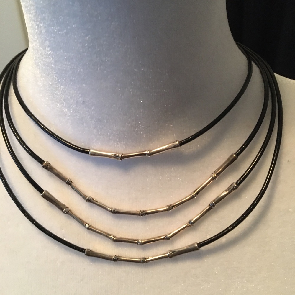 JOHN HARDY AUTHENTIC STERLING SILVER BAMBOO/LEATHER TRIPLE CORDS NECKLACE